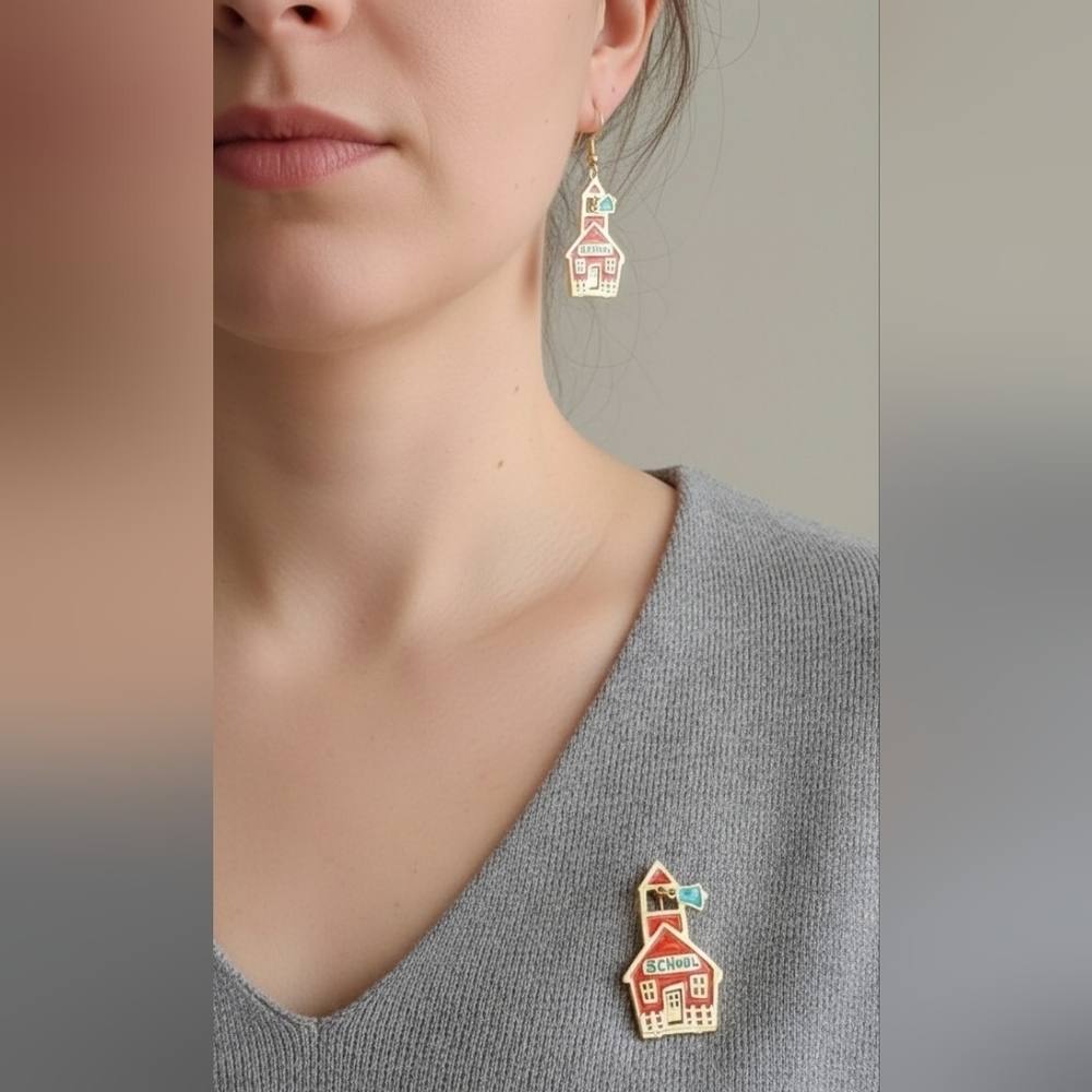 Festive Schoolhouse Earrings and Brooch Set